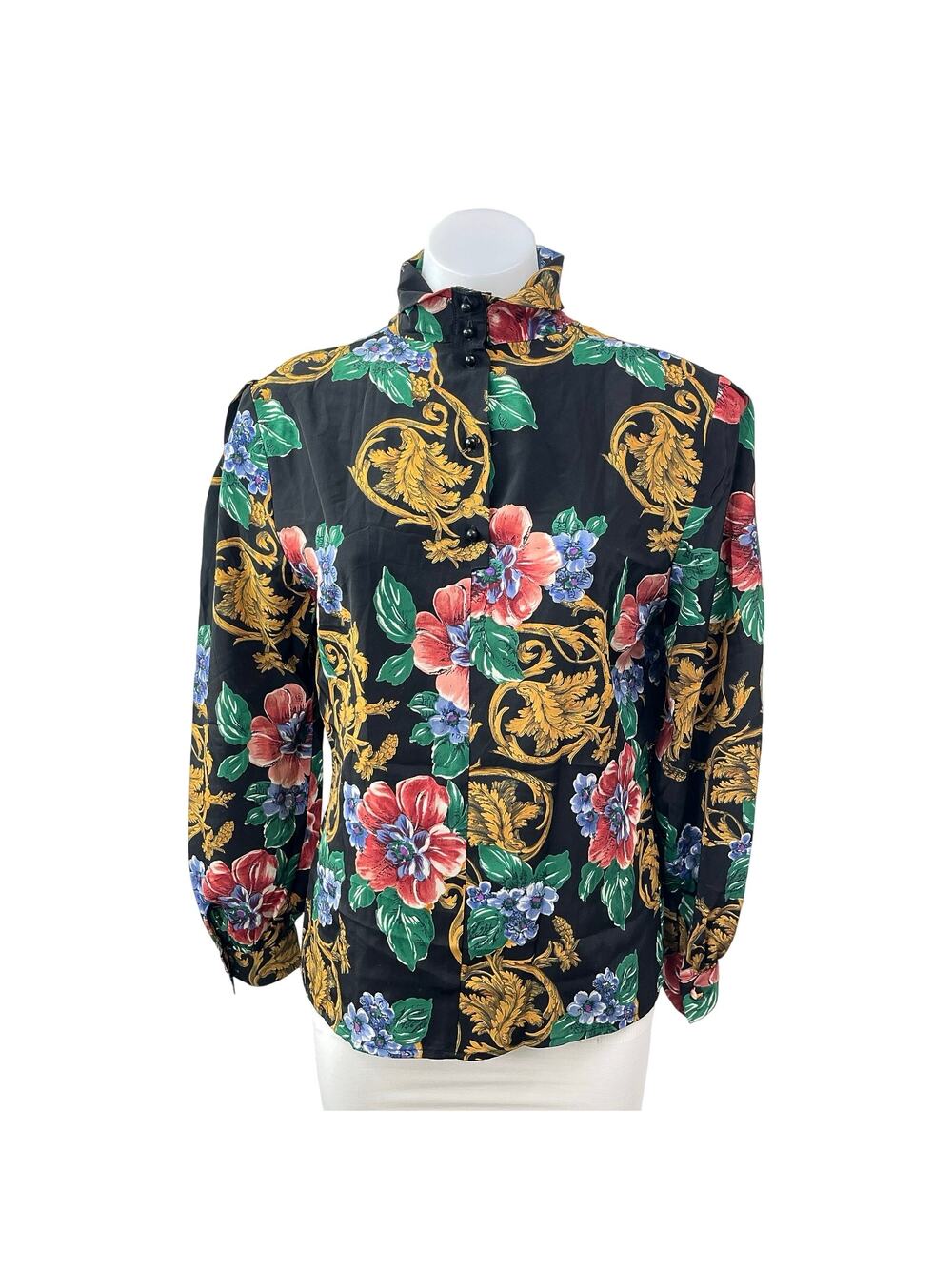 Tess Women's Black Multicolor Floral Long Sleeve Henley Button Blouse Top Size 4